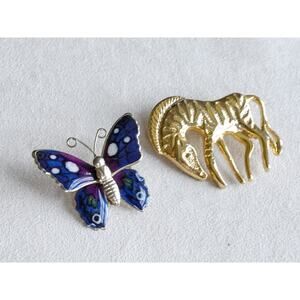 Vintage Brooches 2 PC Gold Tone Zebra Purple Butterfly Animal Pin Set Cute Retro
